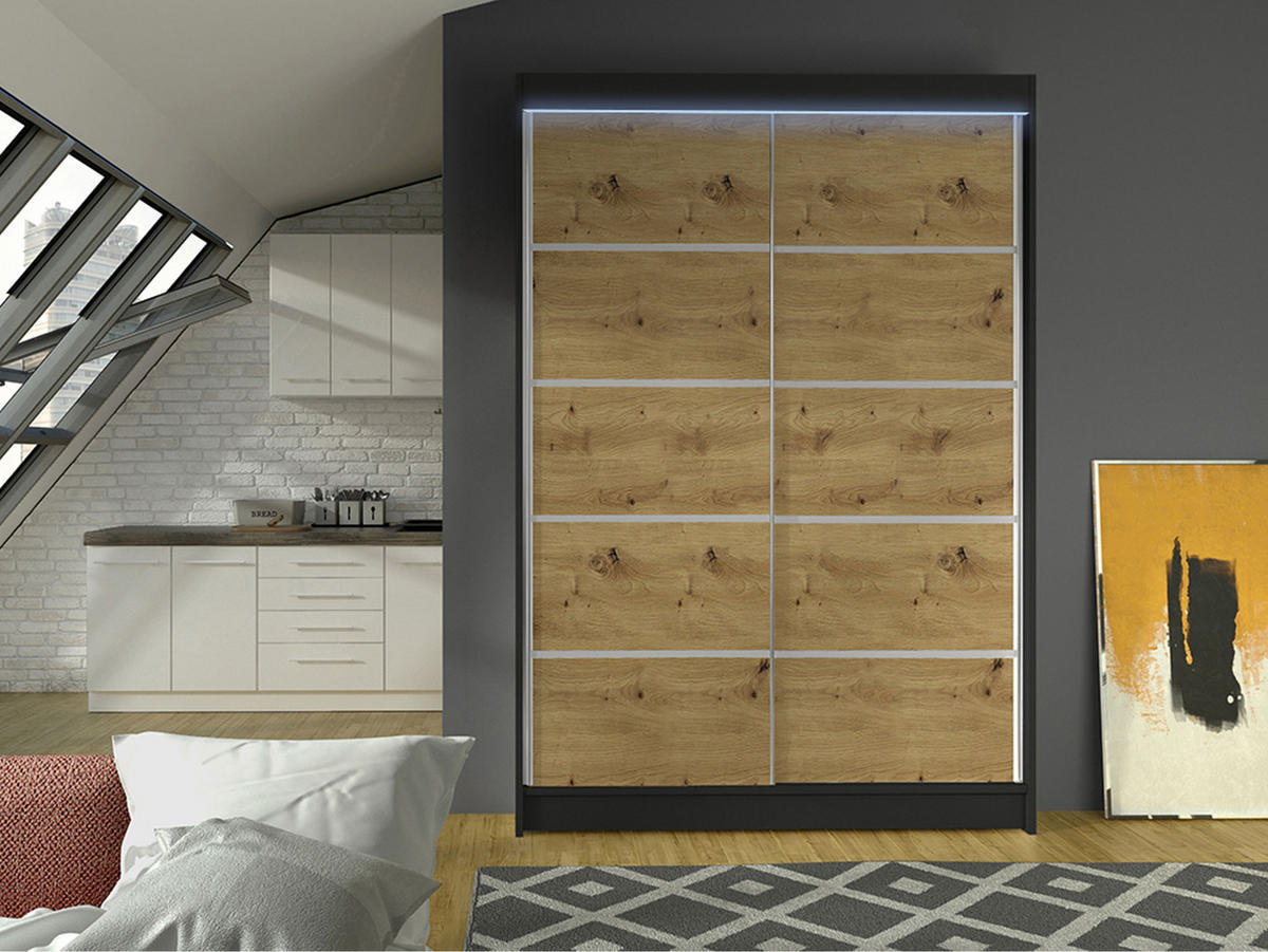 SCHWEBETÜRENSCHRANK Lino IV mit RGB LED Beleuchtung - Schwarz/Eiche Artisan, Holzwerkstoff/Metall (120/200/58cm) - MIRJAN24