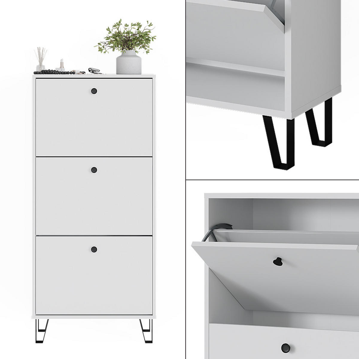 SCHUHKIPPER Siri Weiß 36 x 135 cm mit 3 Klappschubladen - Weiß, Holzwerkstoff (130/60/26cm) - Vicco