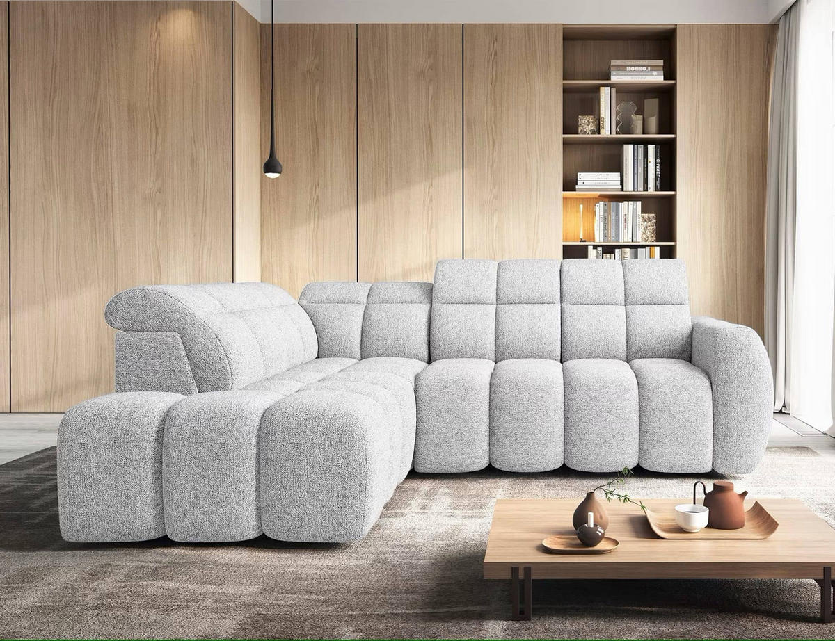 ECKSOFA mit elektrischem Sitzvorschub, Bettkasten und verstellbare Kopflehnen - Hellgrau, Naturmaterialien/Textil (258/208cm) - Eltap