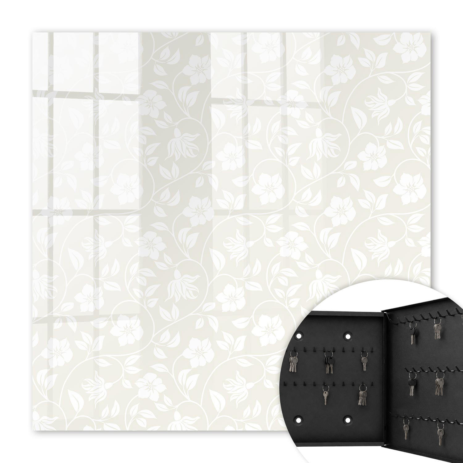 SCHLÜSSELBOX Schwarz 30x30 cm- Türöffnung nach rechts - Blumenmuster - Beige, Metall (30/30/5cm) - TULUP