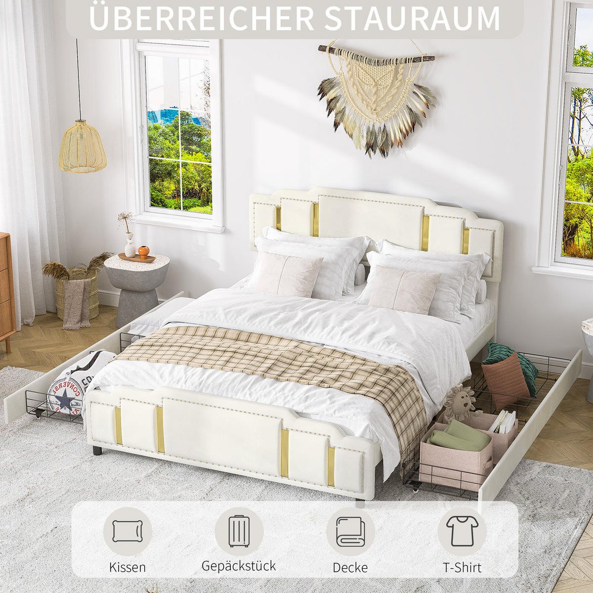 POLSTERBETT 160/200 cm aus Samt mit LED-Beleuchtung und 4 Schubladen Beige - Beige, Textil (160/200cm) - Modenvie