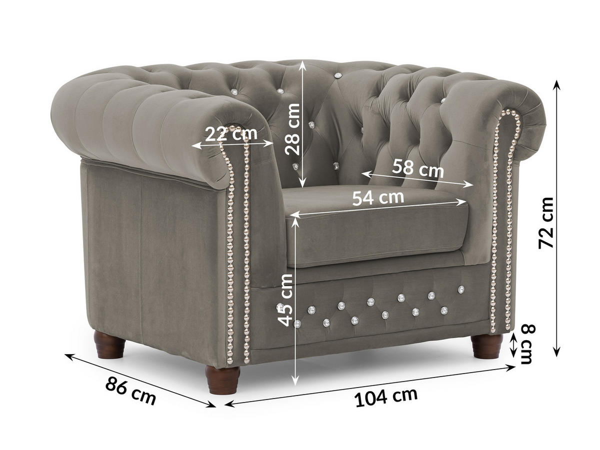 CHESTERFIELD-SESSEL Cleo Blink Grau Samt mit Kristallsteppung und braunen Massivholzfüßen - Beige/Braun, Holz/Textil (104/72/86cm) - S-Style Möbel