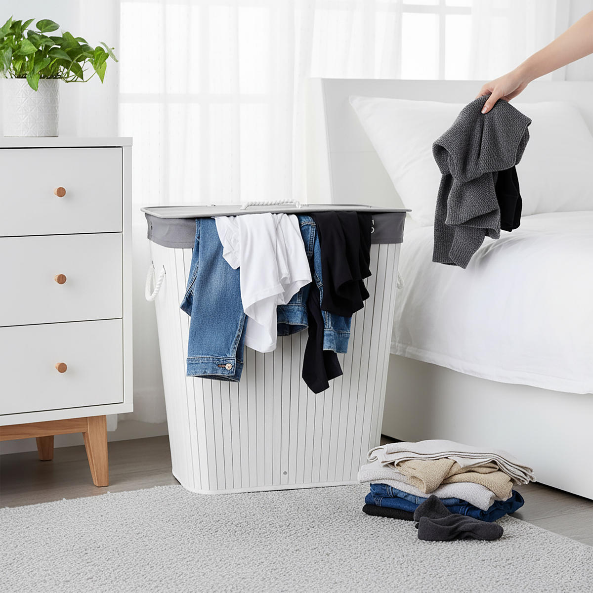 WÄSCHEKORB Bambus - Weiß, Holz/Textil (52/63/32cm) - Relaxdays