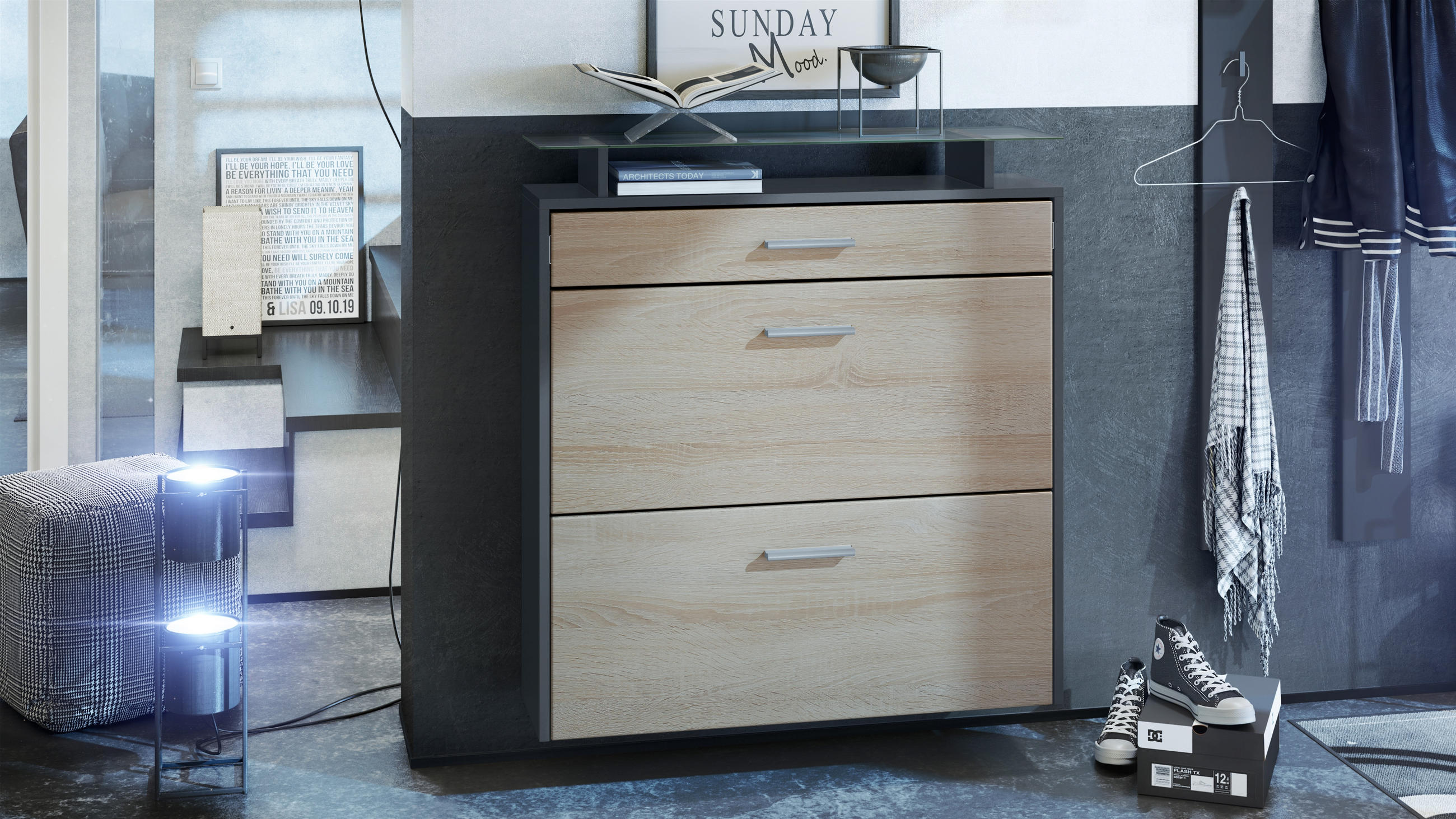 SCHUHSCHRANK Malea Fronten in Eiche sägerau - Eiche San Remo, Holzwerkstoff (89/96/23cm) - Vladon