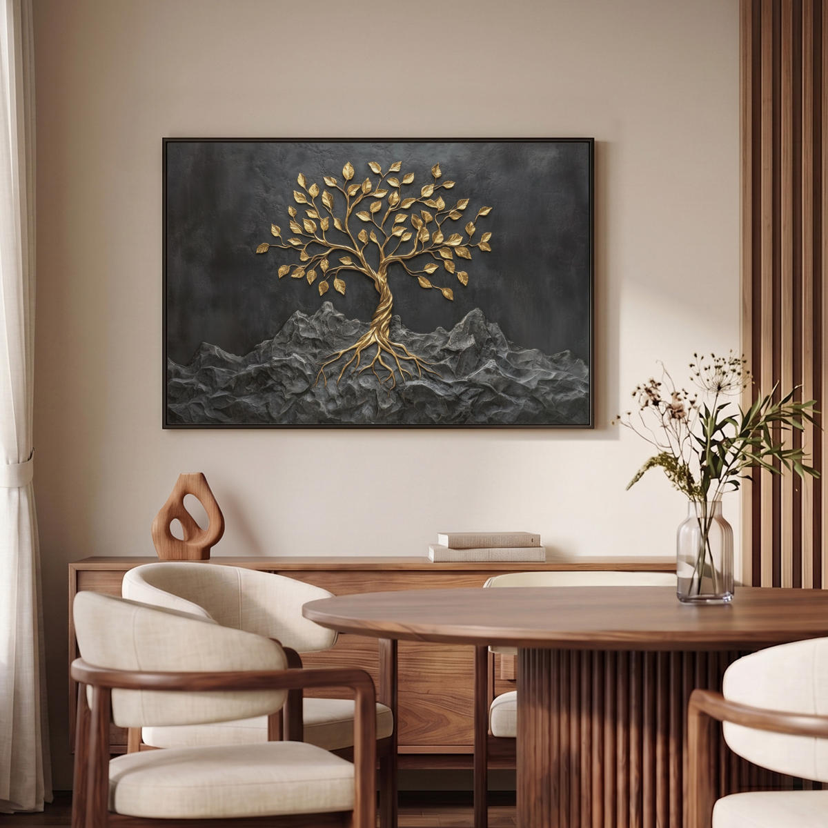 LEINWAND Bilder mit Rahmen - Blätter - Gold - Baum - Fels - 90x60 - Schwarz, Textil (90/60cm) - MuchoWow