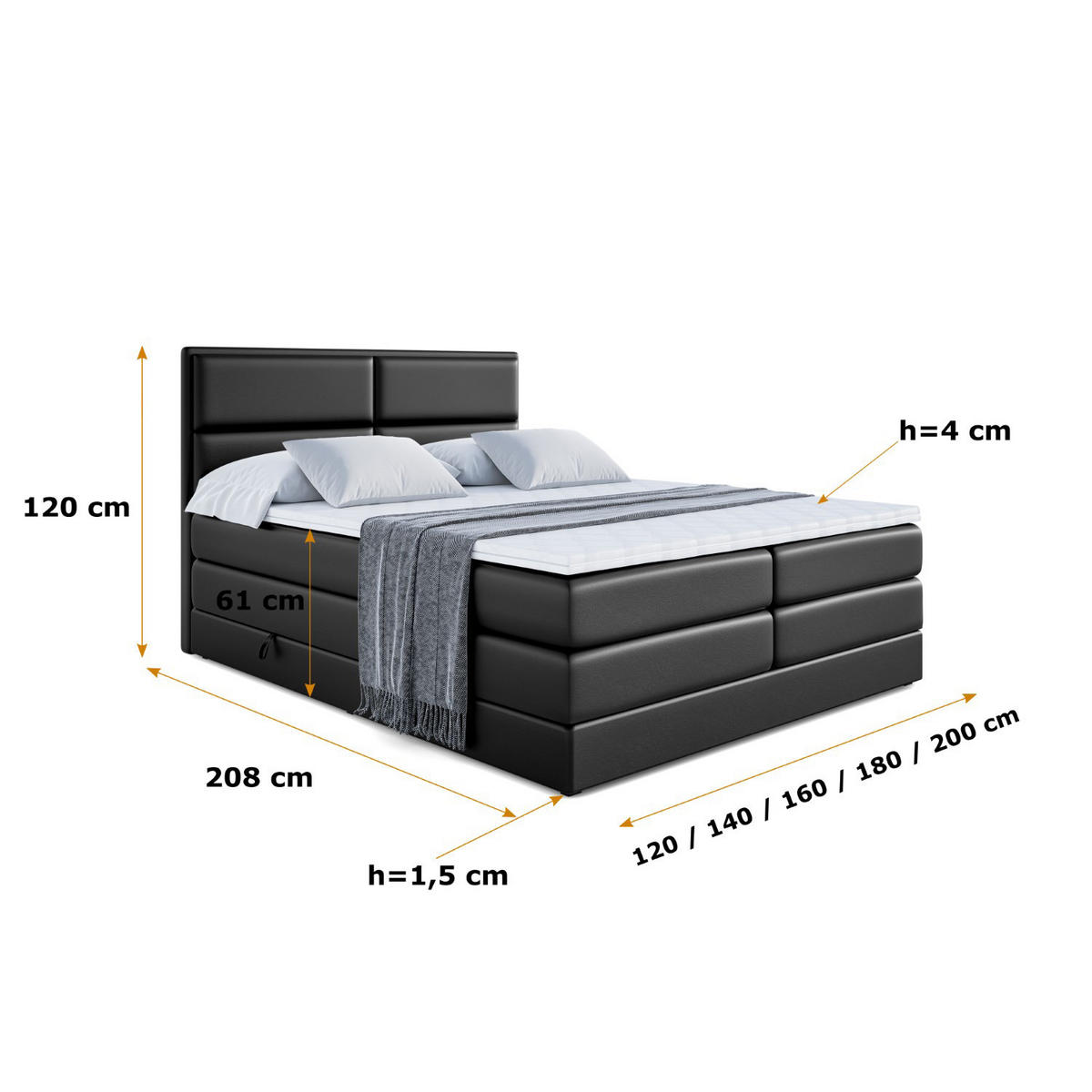 BOXSPRINGBETT AURA KING - 160 x 200 - H3/H4 - Schwarz Hochglanz - Schwarz Hochglanz, Holzwerkstoff (160/200cm) - ALTDECOR