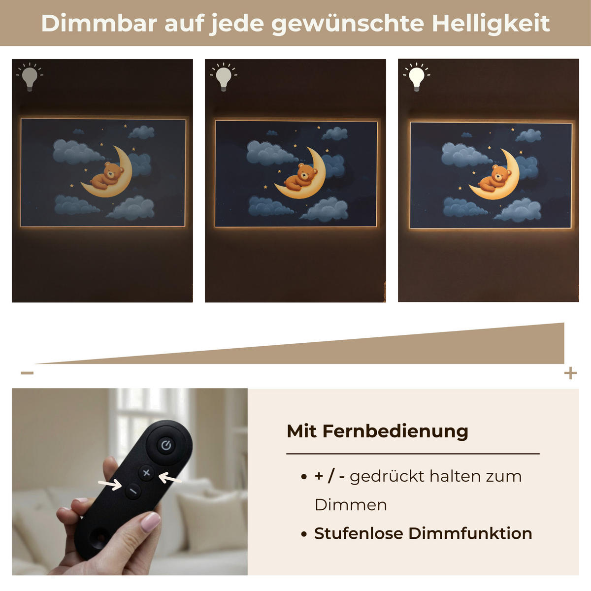 NÁSTĚNNÁ LAMPA S AKUMULÁTOREM Medvídek - Měsíc - Mraky - Hvězdy 100x70 cm - tmavě modrá, kompozitní dřevo (100/70/8cm) - OnlyWow