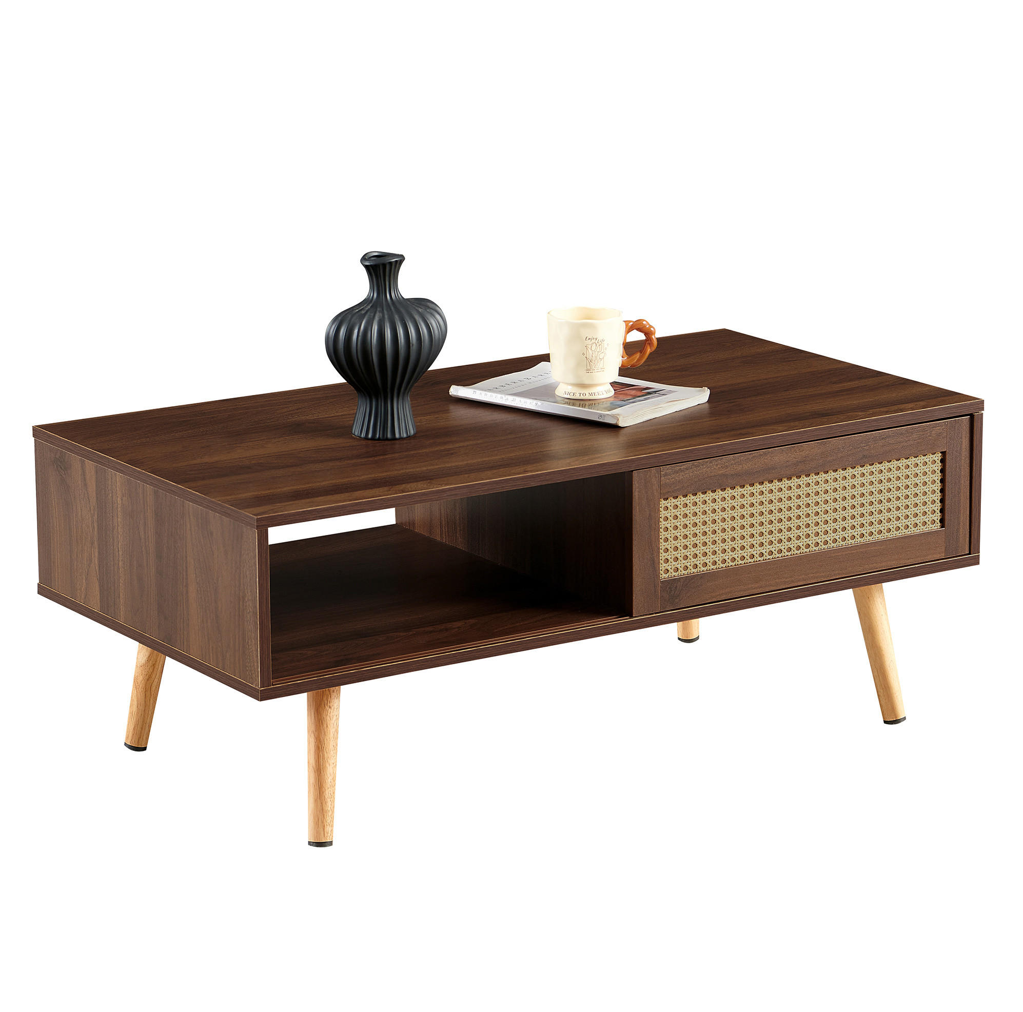 Redom KONFERENČNÍ stolek 105/55/40 cm s posuvnými dvířky a úložným prostorem, ratanový design, Hnědá
