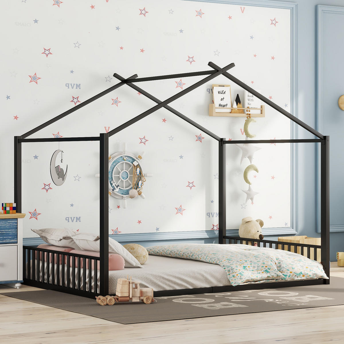 KINDERBETT 140/200 cm mit Metallrahmen in Hausform, Schwarz - Schwarz, Metall (140/200cm) - Redom