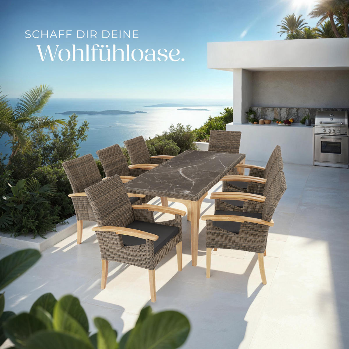 GARTENTISCH Foggia mit 8 Stühlen Rosarno, Armlehnen und Beine aus Holz, natur - Naturfarben, Kunststoff - tectake