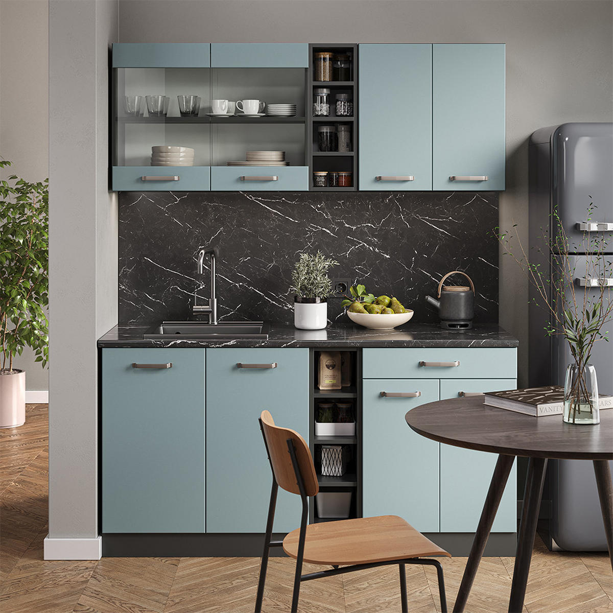 SINGLEKÜCHE R-Line Blau-Grau/Anthrazit 160 cm, AP Eiche - Anthrazit/Blaugrau, Holzwerkstoff (160/81.6/60cm) - Vicco