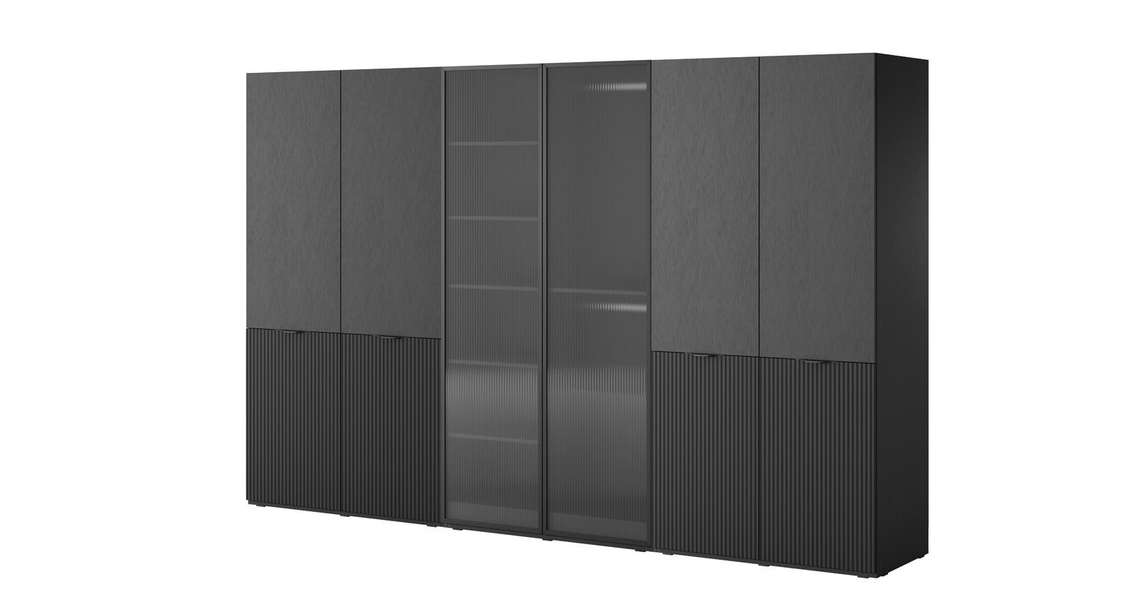 KLEIDERSCHRANK ZEN (Modular, Schwarz Matt, Schwarz & Geriffeltes Glas Flutes, 6-türig) - Schwarz, Holz/Holzwerkstoff (303/200/51cm) - Ravio