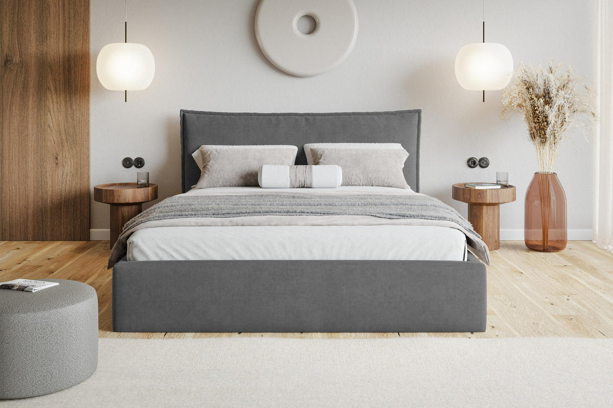 POLSTERBETT 140x200 cm Zenito Slim mit Kissen-Kopfteil, Bettkasten, Dunkelgrau - Dunkelgrau, Holz/Textil (140/200cm) - Emporius