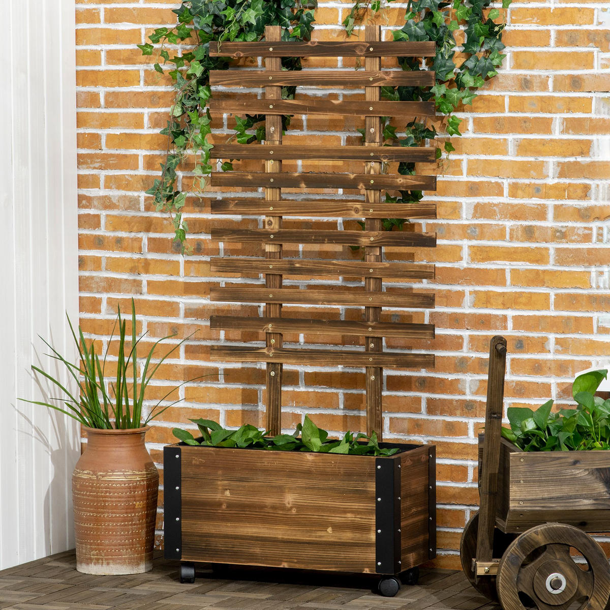 HOCHBEET mit Rankgitter, Blumenkasten mit Rollen, für Kletterpflanzen, Holz, Verkohlt - Dunkelbraun, Holz (31/147/65cm) - Outsunny