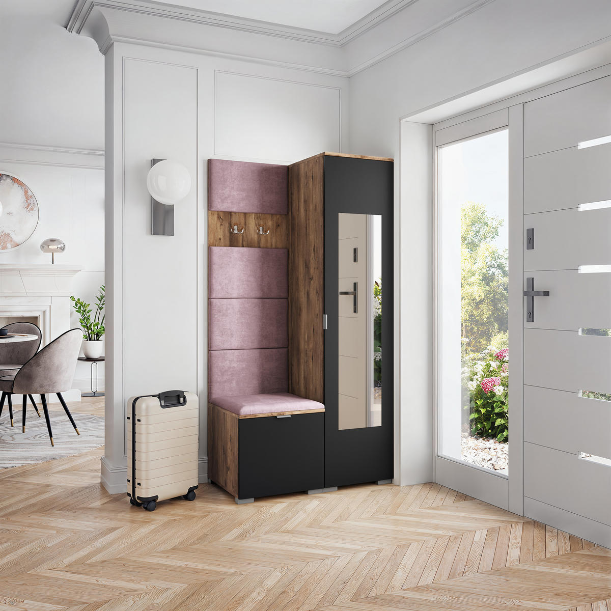 GARDEROBENSCHRANK VIRA 95/181/51 cm Modern Garderobe-Set Eiche Lefkas - Eichefarben/Lila, Holzwerkstoff (95/181/51cm) - MASSENO