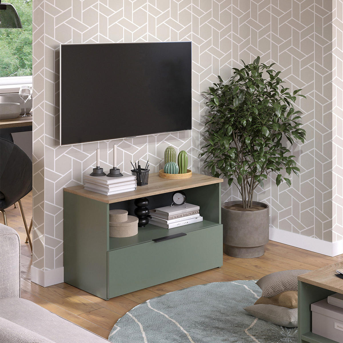 KOMMODE Wido Grün 80 x 50 cm mit 1 geschlossenem Fach - Grün/Sonoma Eiche, Holzwerkstoff (80/50/40cm) - Vicco