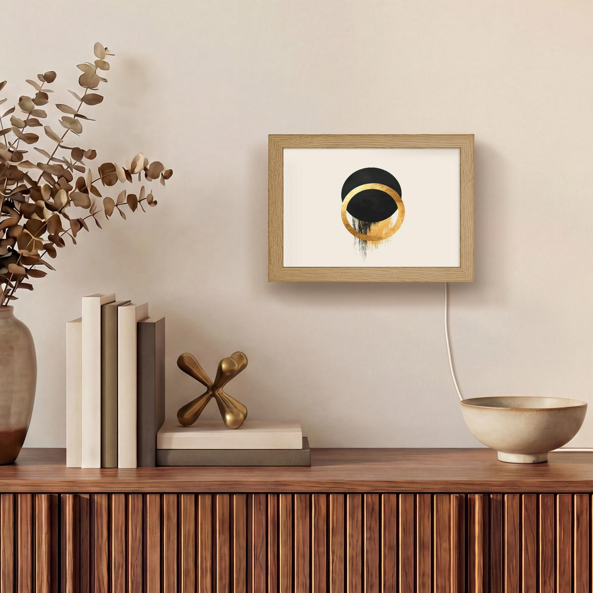 NÁSTĚNNÁ LAMPA Abstraktní design - Černý kruh - Skvrny od barvy 20x15 cm - krémová, kompozitní dřevo (20/15/8cm) - OnlyWow