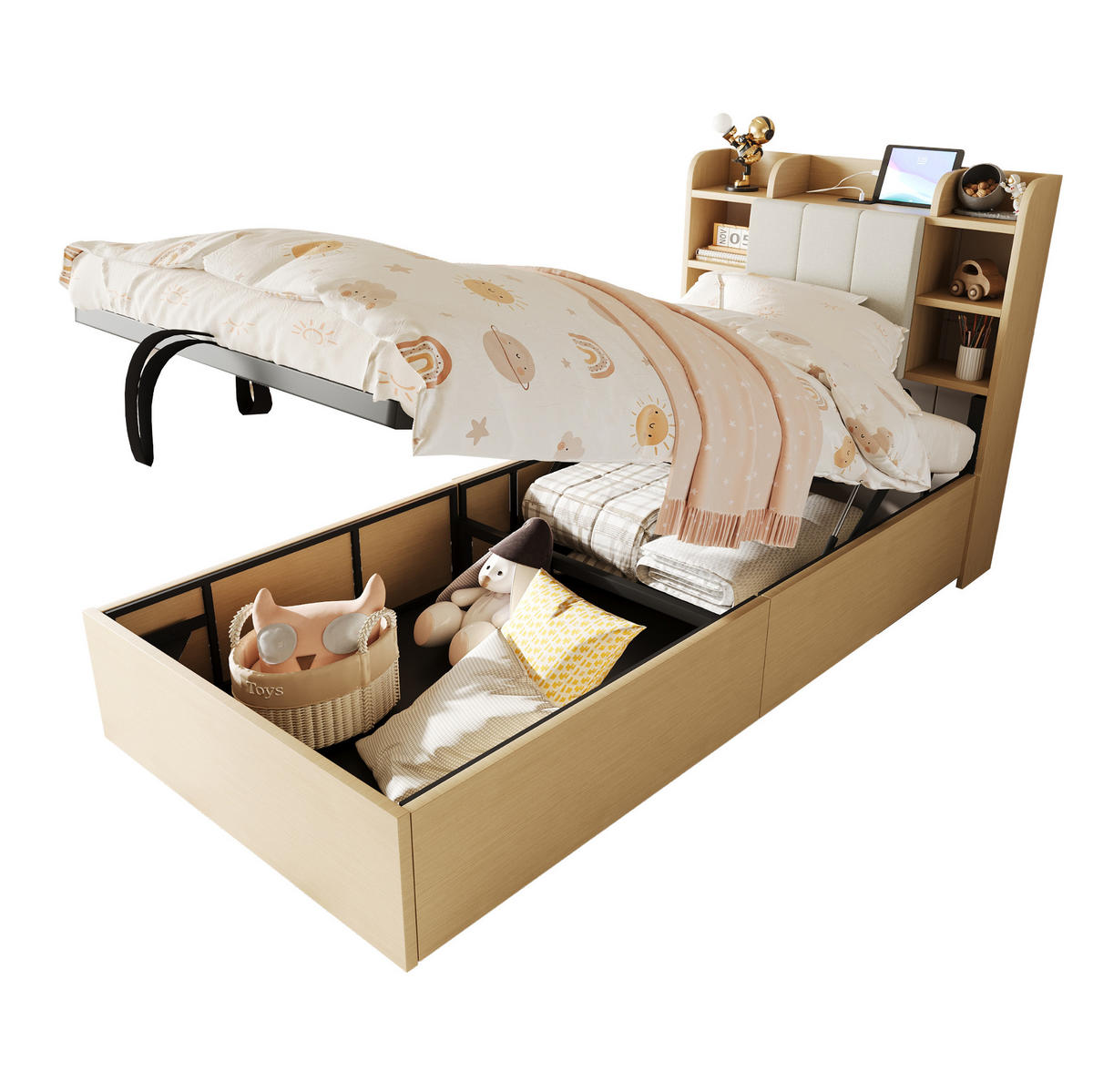 BETT 90/200 cm in Holzfarbe mit Stauraum und USB- und Type-C-Anschlüssen - Naturfarben, Holzwerkstoff (90/200cm) - Flora Grace
