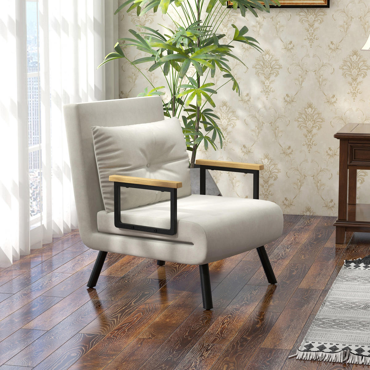 SCHLAFSESSEL, Einzelsofa mit Bettfunktion, Relaxsessel mit Rückenkissen Creme - Creme/Schwarz, Holz/Textil (63/81/73cm) - HOMCOM