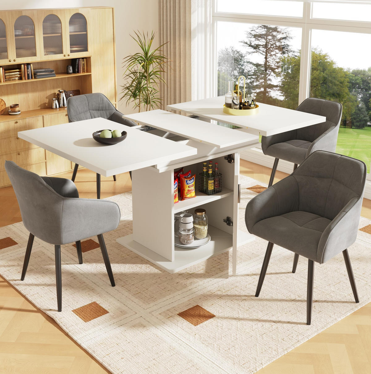 ESSTISCH 110-140x80x76 cm in Weiß aus MDF und Glas mit 3 Ablagen und Regenbogen-Glastüren ausziehbar - Weiß, Holzwerkstoff (140/80/76cm) - Modfu