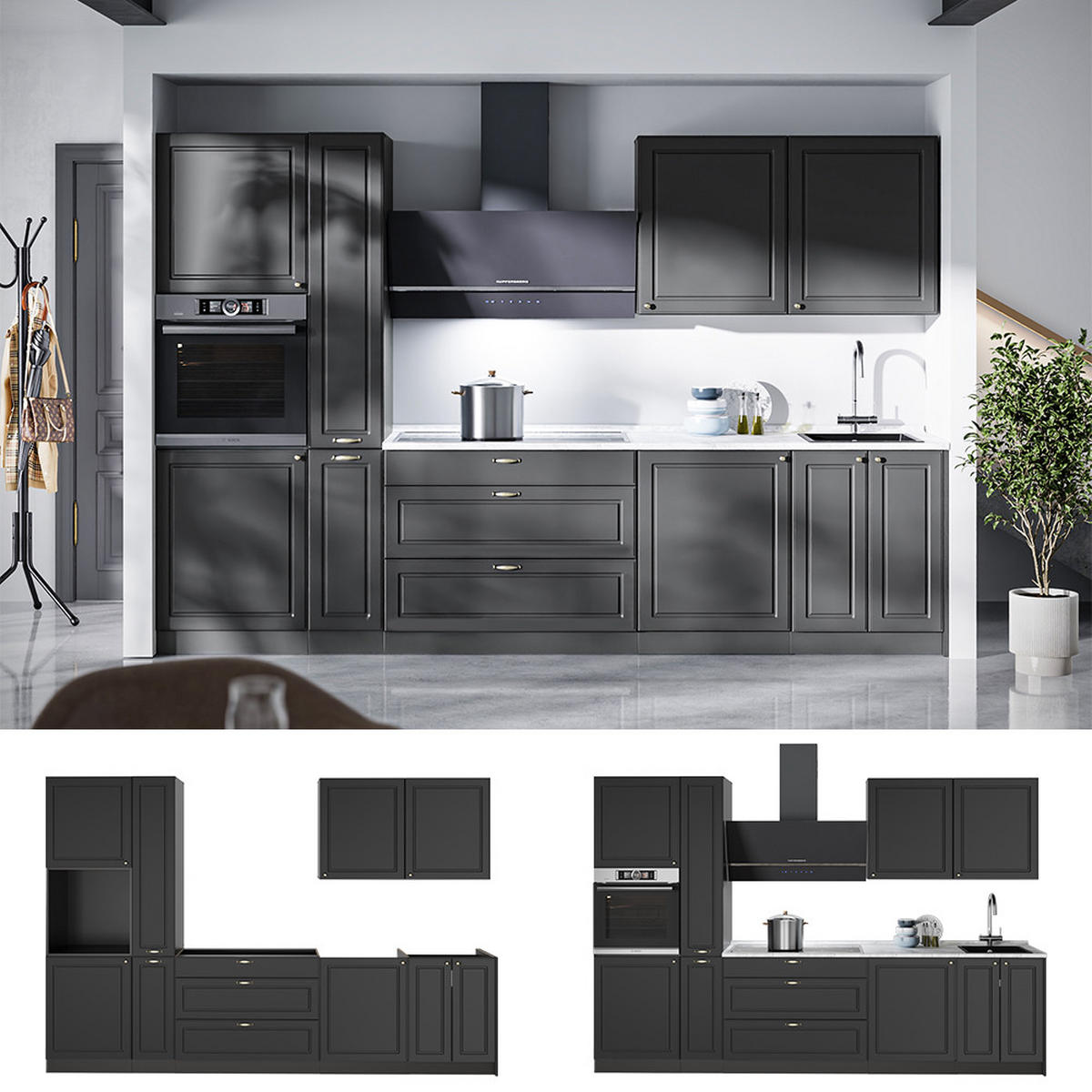 KÜCHENZEILE Fame-Line, Anthrazit-Gold Landhaus/Anthrazit, 310 cm, AP Marmor - Anthrazit, Holzwerkstoff (310/206.8/60cm) - Vicco