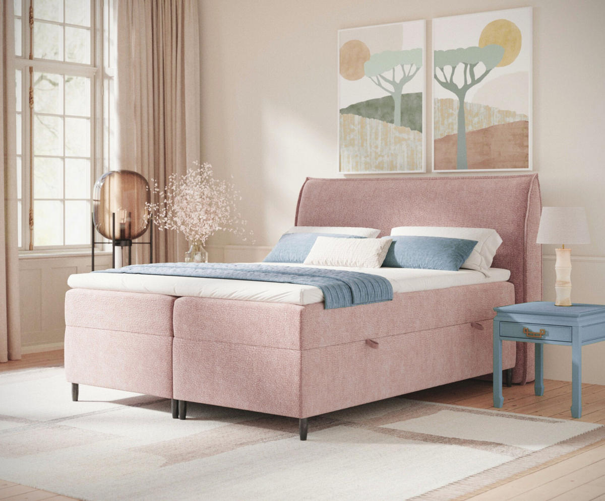 BOXBETT 180/200 cm Corvus, in Rosa, Matratze, Topper, Bettkasten, H4 = sehr fest - Pink/Schwarz, Holz/Holzwerkstoff (180/200cm) - Maison de Reve