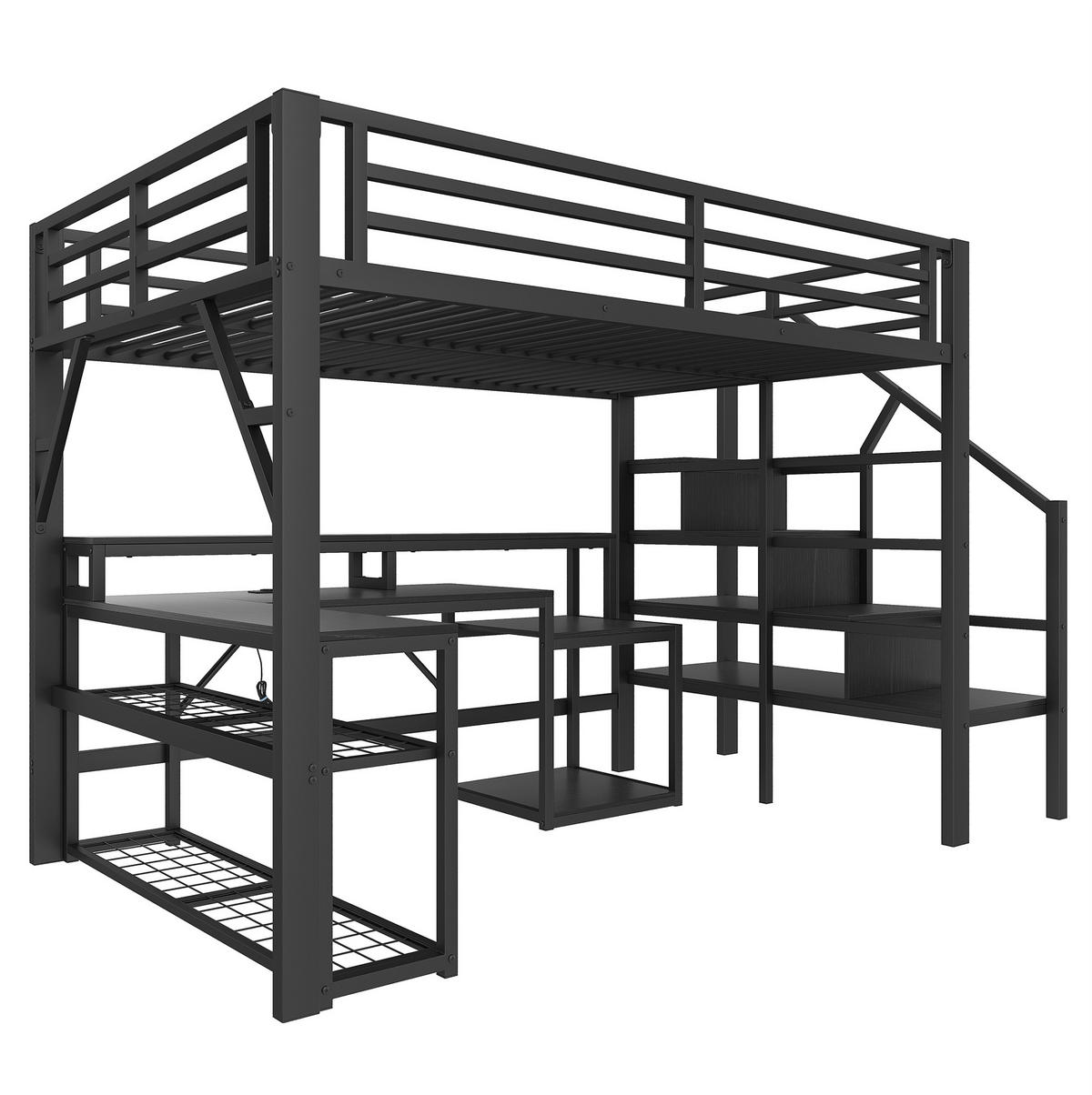HOCHBETT 140/200 cm, Eisenrahmen, LED, USB mit Schreibtisch - Schwarz, Metall (140/200cm) - MIVRAY