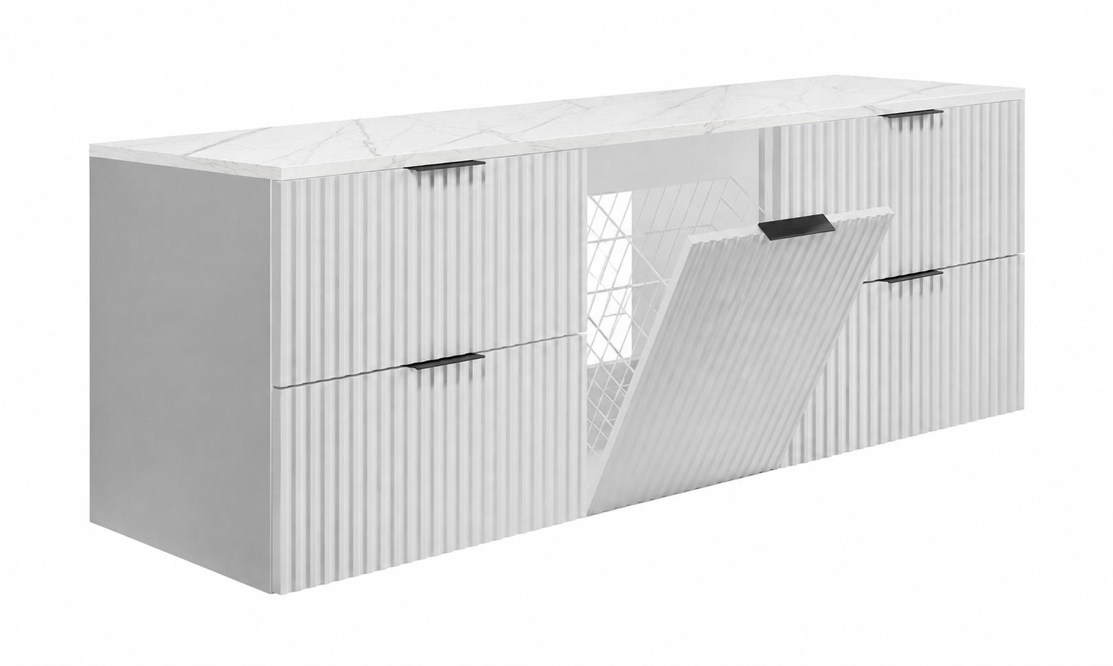 BADMÖBEL-SET MIT WÄSCHEKORB: Weiß / Platte Marmor Bianco, Griffe Schwarz, 160 x 46 x 57 cm - Creme/Weiß, Holzwerkstoff (160/57/46cm) - 3XE LIVING