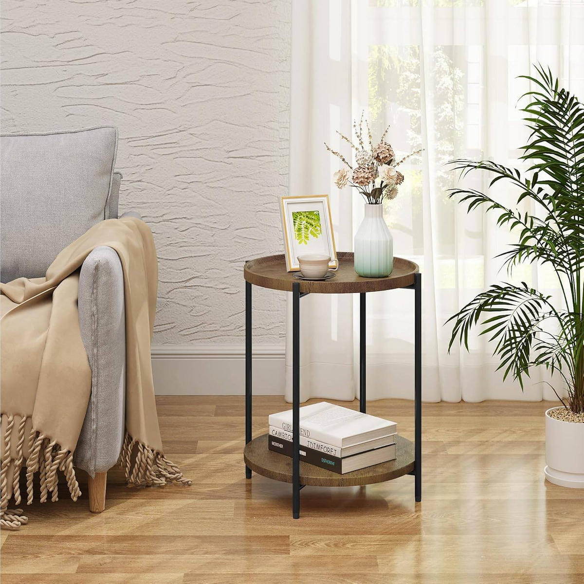 COUCHTISCH rund, mit 2 Ablagen, Vintage-Holzmaserung - Schwarz/Teakfarben, Holzwerkstoff/Metall (43/43/51cm) - Woltu