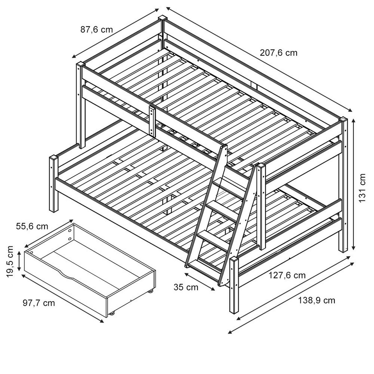 ETAGENBETT Everest Naturholz 120x200/80x200 cm mit Schubladen - Naturfarben, Holz (120/200cm) - VitaliSpa