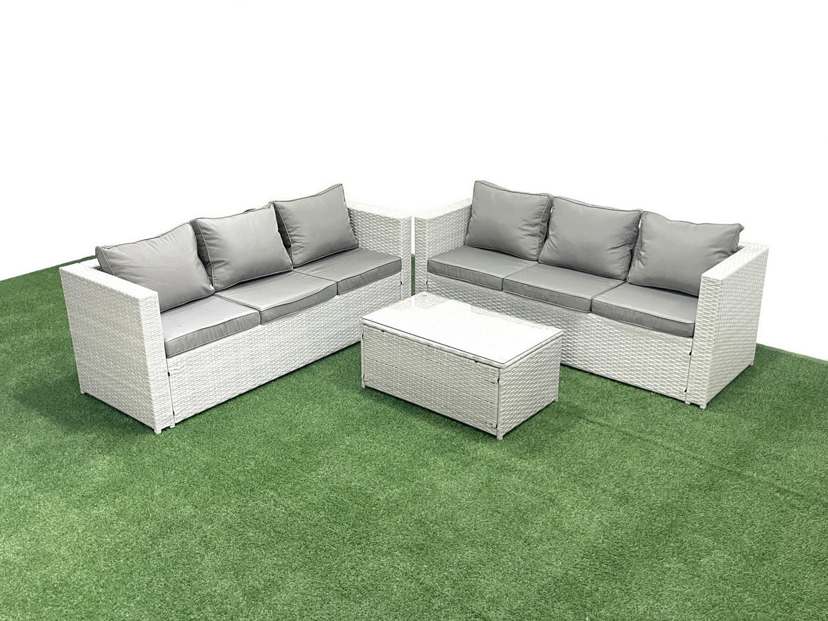 GARTENGARNITUR mit 3-SITZER SOFA,COUCHTISCH Polyrattan Hellgrau-Mix 6-Sitzer - Hellgrau/Grau, Glas/Kunststoff - Fimous