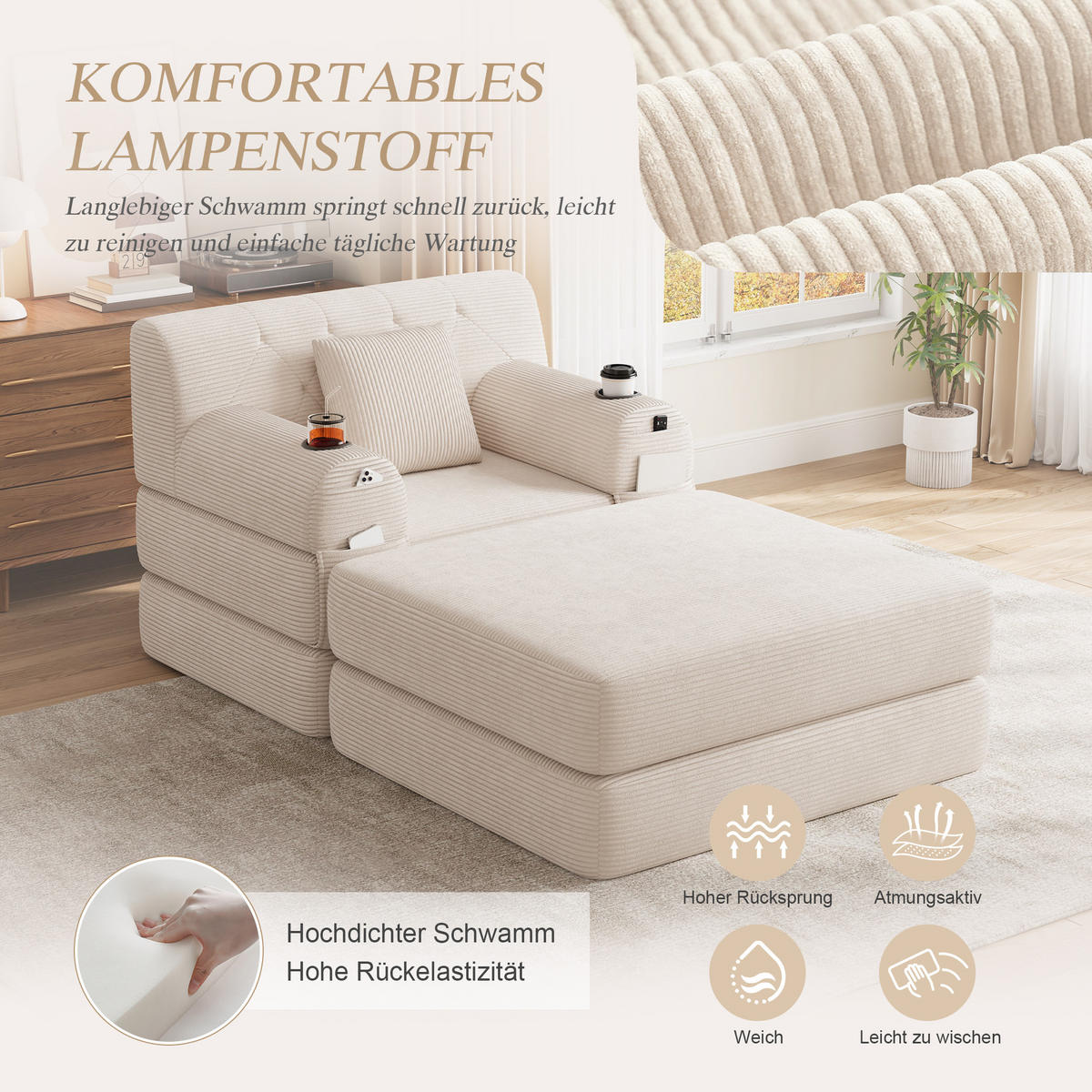 SCHLAFSOFA mit Hocker und Liegefunktion aus Cord mit Getränkehaltern und Seitentaschen in Beige - Beige, Textil (191/60/162cm) - EVRYAE
