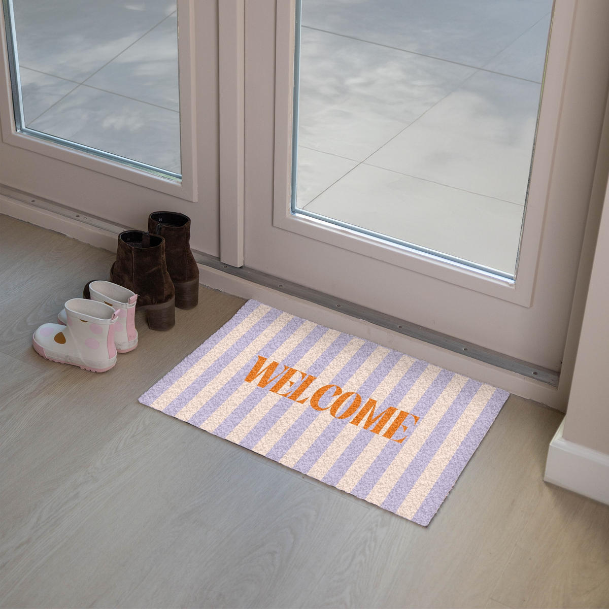 FUSSMATTE Lila – Orange – Streifen – Willkommen 60x40 cm - Flieder, Kunststoff (60/0.4cm) - MuchoWow