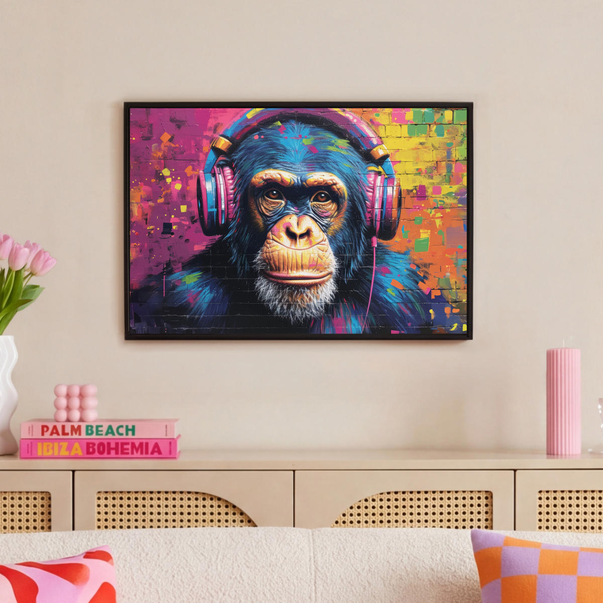 LEINWAND Bilder mit Rahmen - Graffiti - Schimpanse - Straßenkunst - Kopfhörer - Affe - 60x40 - Blau, Textil (60/40cm) - MuchoWow