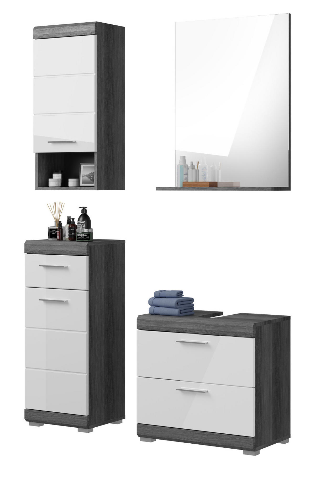 BADMÖBEL-SET weiß Hochglanz, grau 4-teilig 112 cm, Kombination mit viel Stauraum - Weiß Hochglanz/Grau, Holzwerkstoff (112/191/34cm) - Inn.Furn