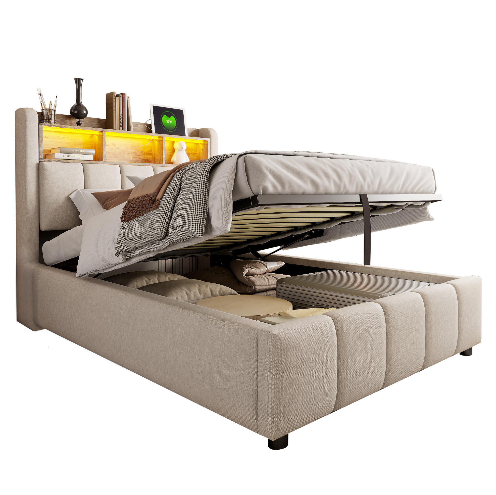 POLSTERBETT mit Stauraum, LED und USB 90x200 cm Beige - Beige, Metall (90/200cm) - Meubliv