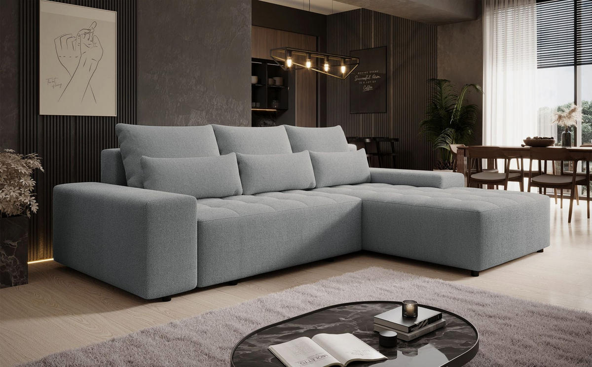 ECKSOFA Neluro Hellgrau Chenille wasserabweisend - Hellgrau/Schwarz, Kunststoff/Textil (268/184cm) - Selsey