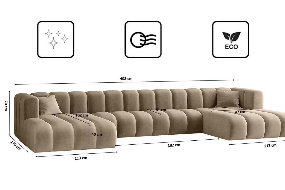ECKSOFA, U-from, Sofa Grand U XL modular stoff Salvador Dunkelbeige - Cappuccino, Holz (179/408cm) - Kaiser Möbel