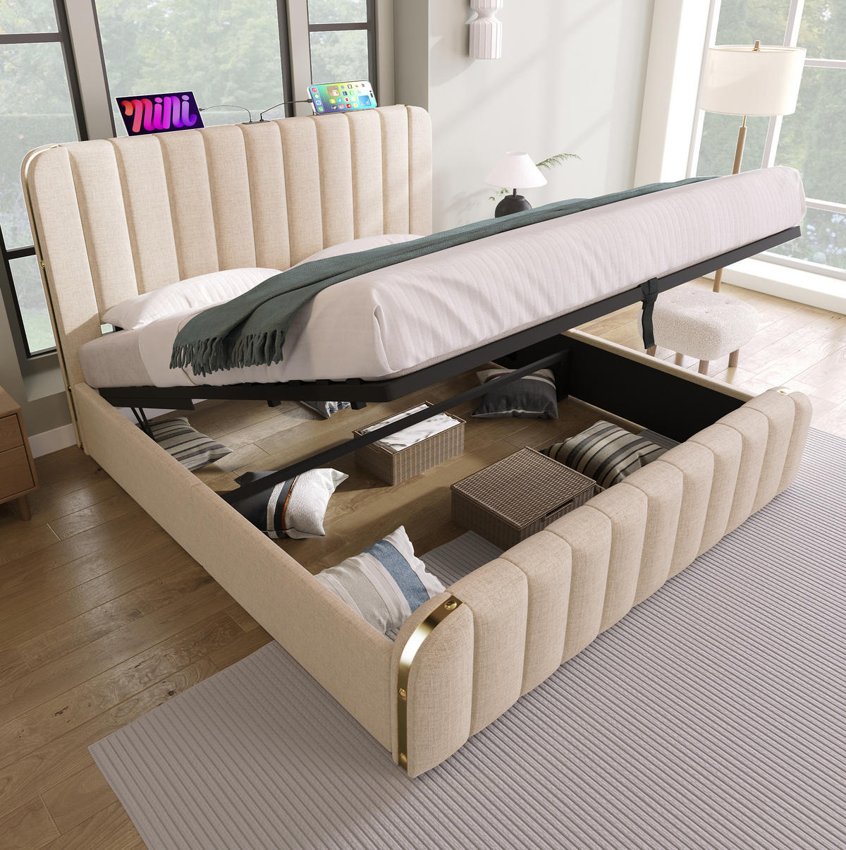 POLSTERBETT 140/200 cm mit Bettkasten, USB-C und Matratze in Beige - Beige, Textil (140/200cm) - BEAOK