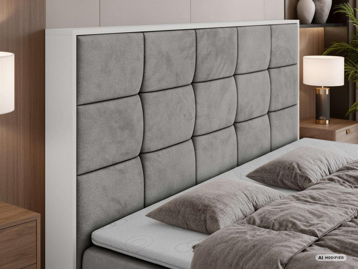 BOXBETT ALVIT 200/200 - Hellgrau Velvet - Topper Visco - H3 - Hellgrau/Schwarz, Kunststoff/Textil (200/200cm) - MKS