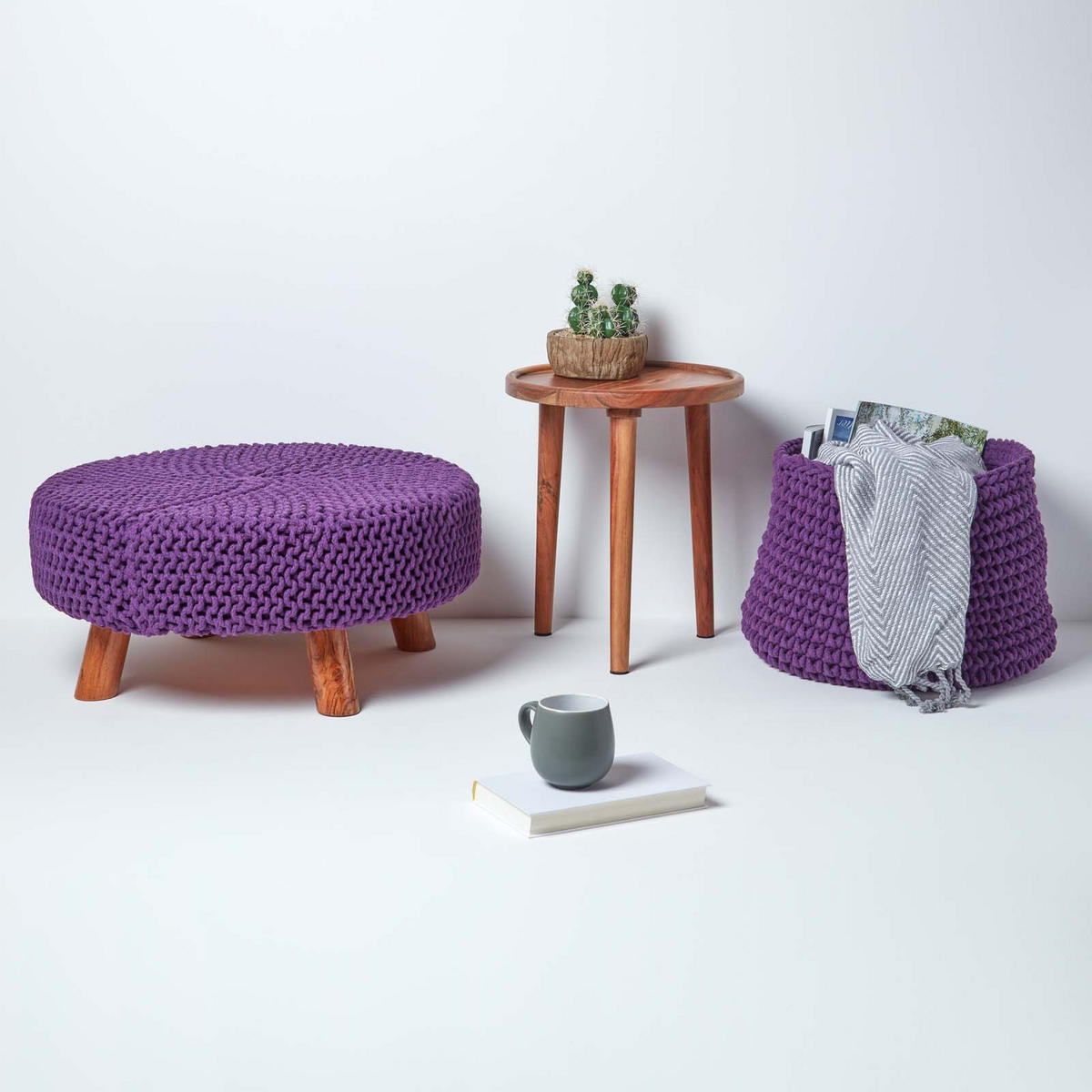 STRICK-HOCKER lila, rund 62/62/30 cm - Violett, Textil (62/30/62cm) - Homescapes