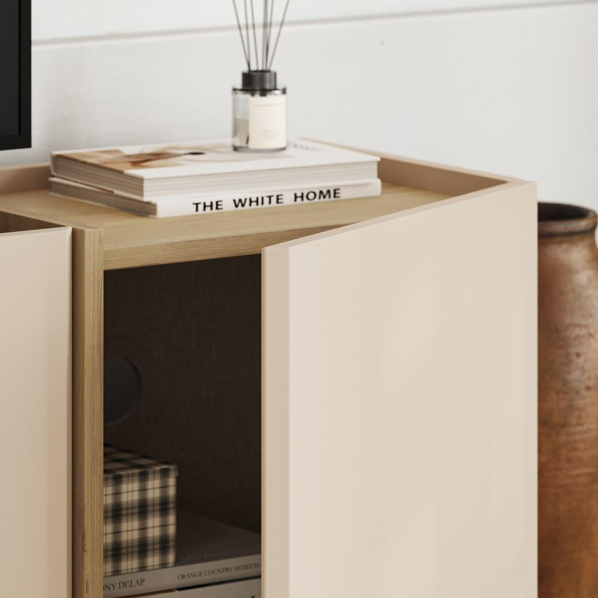 TV-MÖBEL mit 4 Türen in Kaschmir- und Eiche-dekor 180/35/46 cm - Beige, Holzwerkstoff (35/46/34cm) - Calicosy
