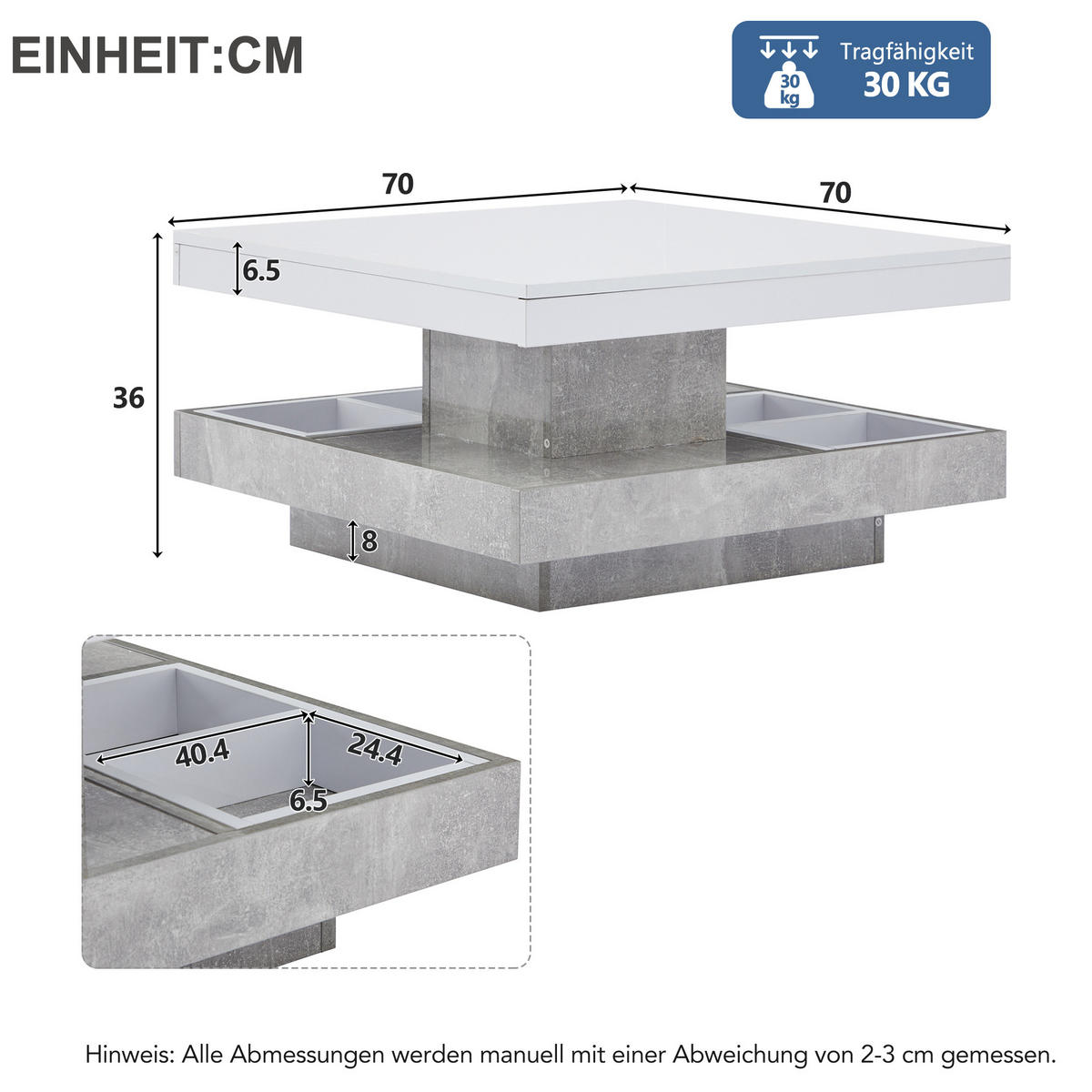 COUCHTISCH 70/70 cm mit 360° drehbarer Platte und Ablagefach - Weiß, Holzwerkstoff (70/70/36cm) - BEAOK