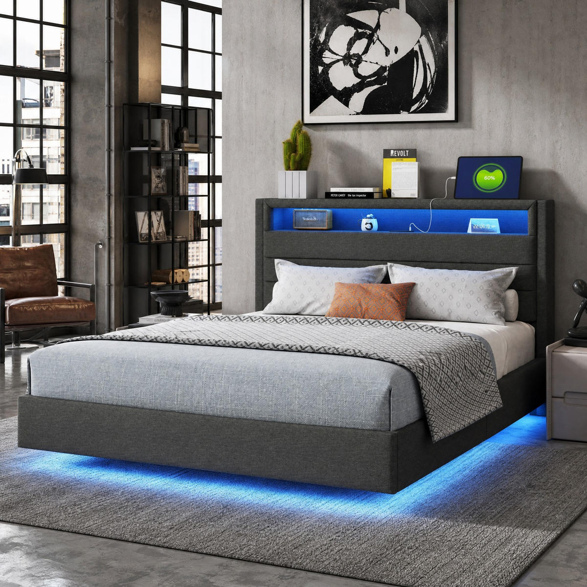 POLSTERBETT 140/200 mit LED, USB-Steckdose und Stauraum im wendbaren Kopfteil in Grau - Grau, Holzwerkstoff/Textil (140/200cm) - EVRYAE