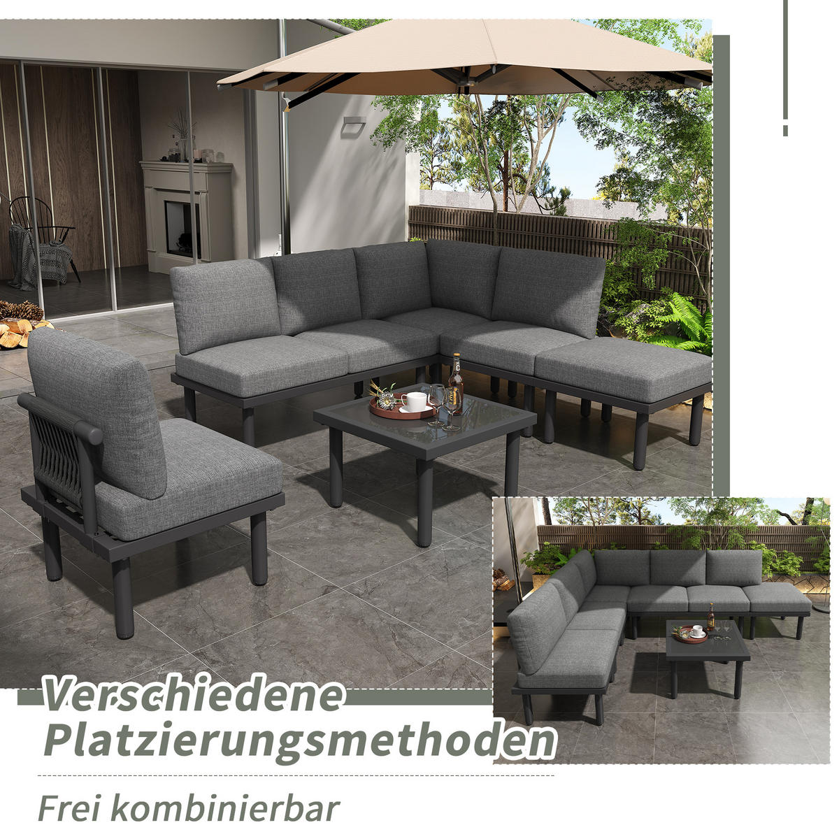 GARTENLOUNGE-SET 6er-Set Gartenmöbel Set Outdoor Sitzgruppe mit Sofa und Glas Tisch - Schwarz/Grau, Textil/Metall - STILVORA