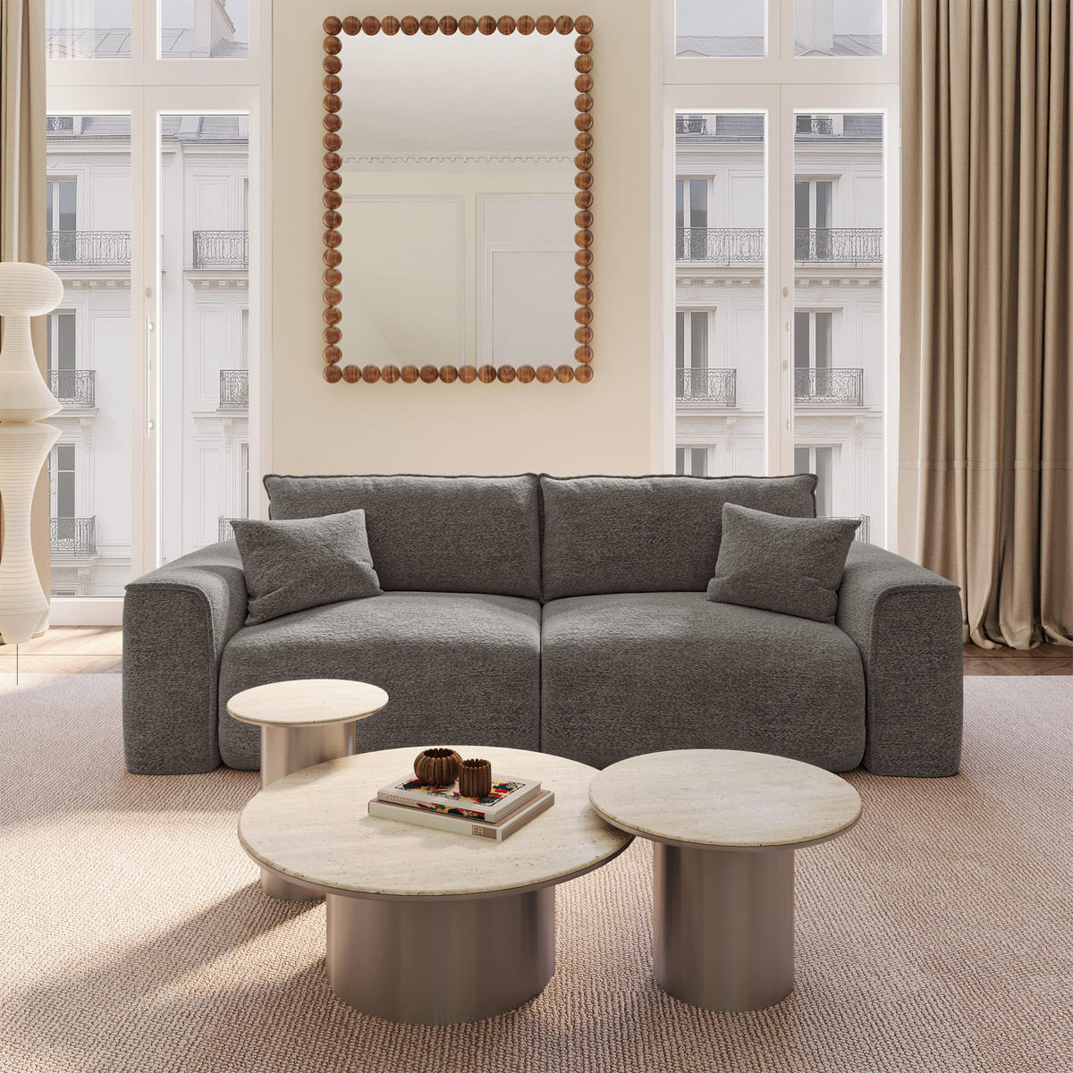 SCHLAFSOFA mit Stauraum COMO Bouclé-Stoff Graphitgrau 254cm - Dunkelgrau/Graphitfarben, Textil (254/78/95cm) - Premium Interiors