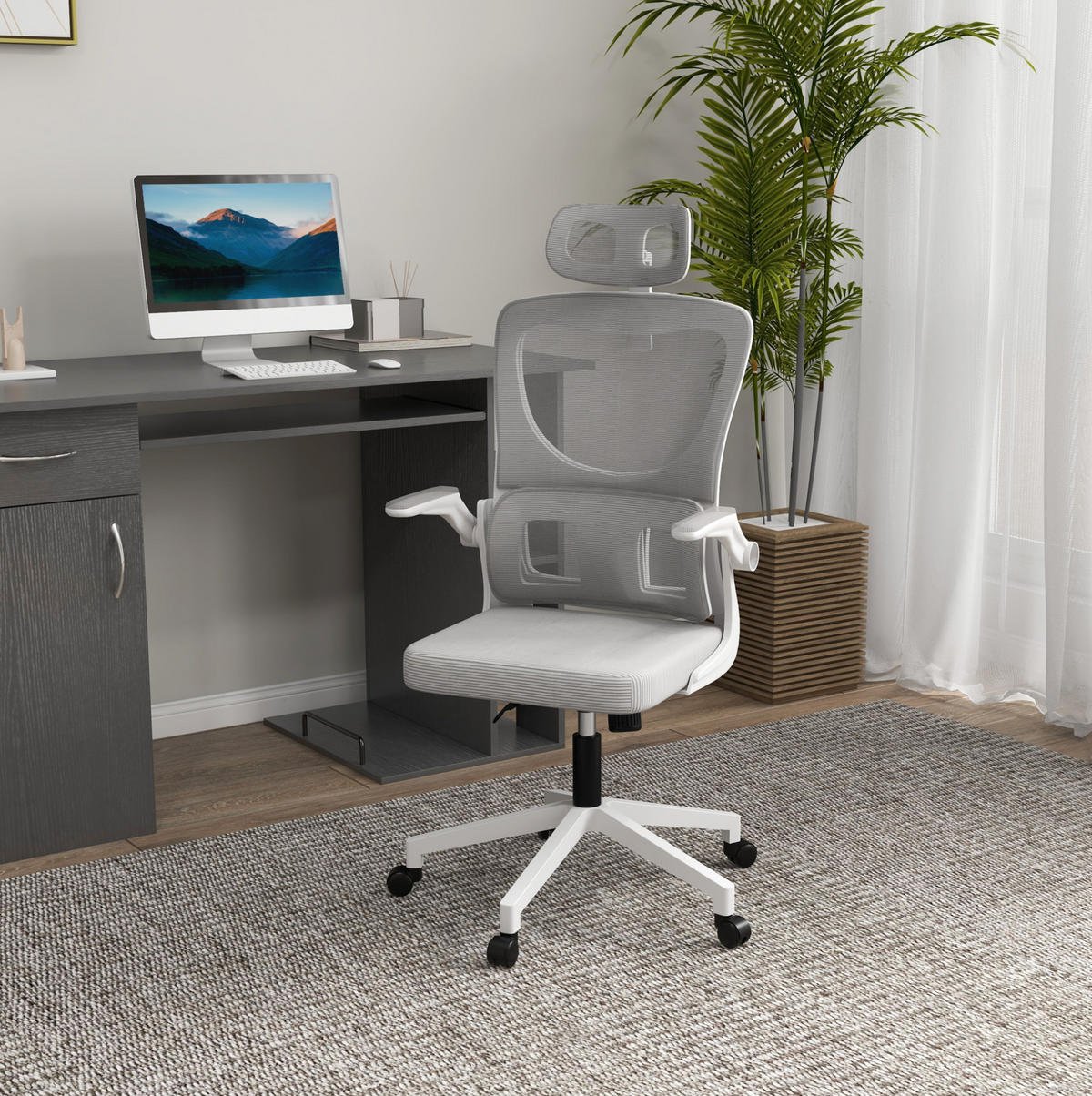 BÜROSTUHL ergonomisch höhenverstellbar Mesh Gray - Grau, Kunststoff (59/122/60cm) - Meubliv