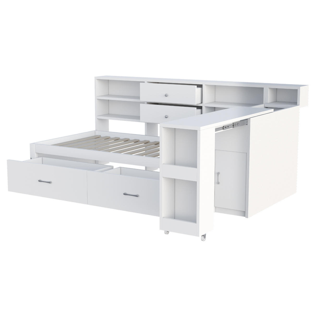 KREVET 90/200 cm s izvlačnim radnim stolom, skrivenim spremištem, 2 USB priključka i utičnicom, Bijela - bijela, drvni materijal (90/200cm) - Redom