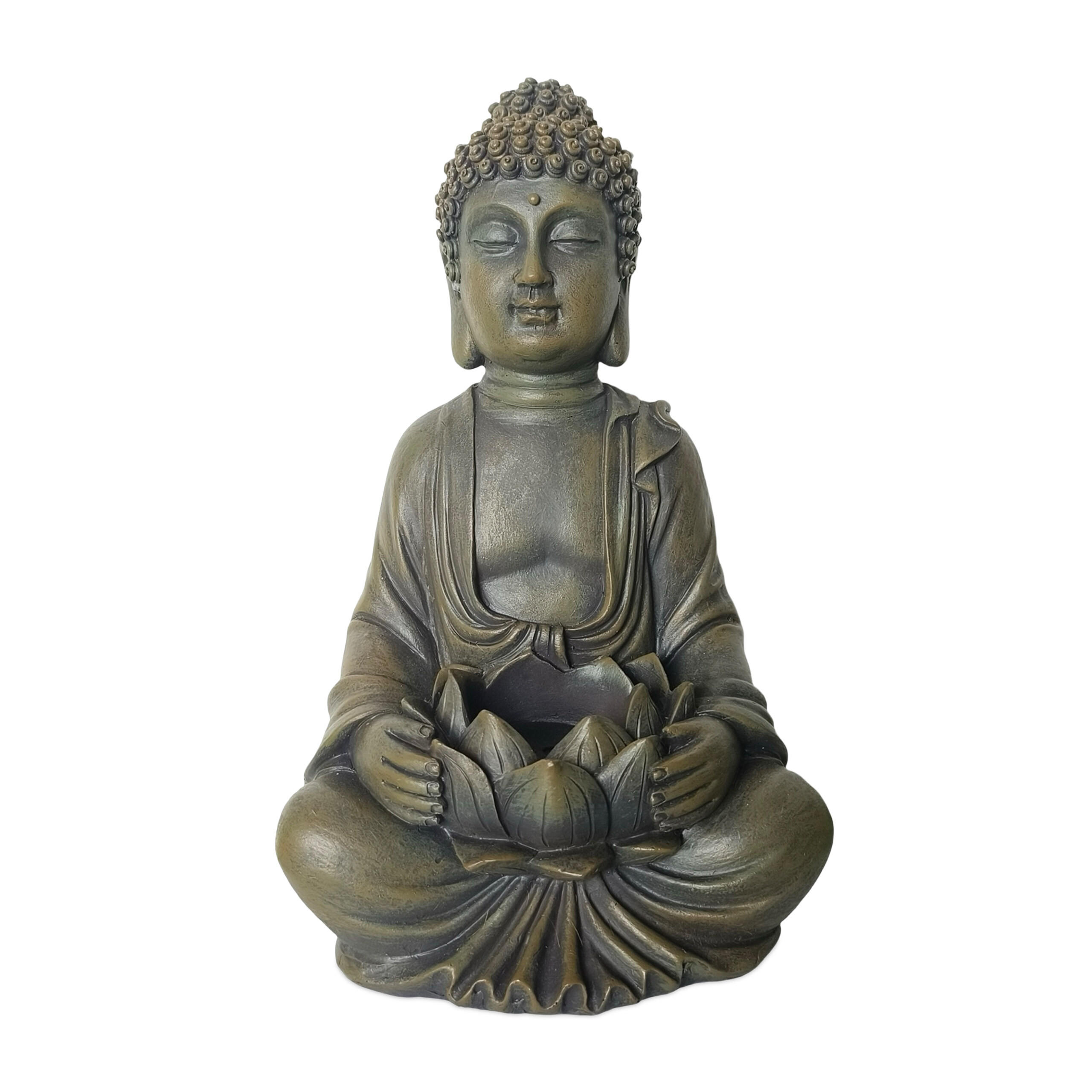 STATUIE bronz Buddha cu floare de lotus din polirasină 30 cm