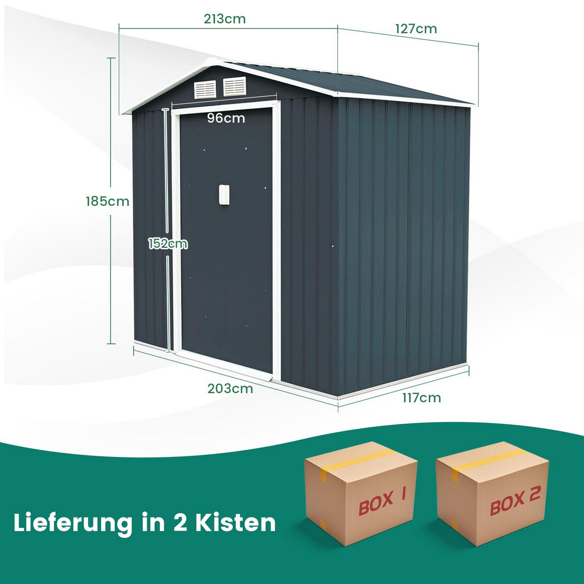 GERÄTEHAUS Dunkelgrau - Dunkelgrau, Metall (127/185/123cm) - COSTWAY